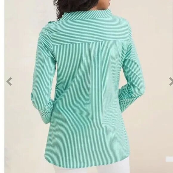 Chico's Poplin Shirt Size 3 Mock Neck Green Stripe NWOT - Picture 3 of 13